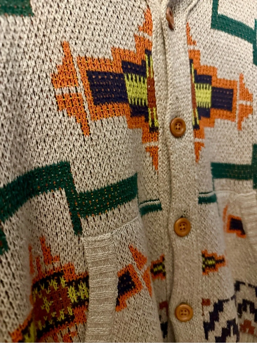 Koto Men's Shawl Collar Cardigan Sweater - Beige with Green & Orange Pattern